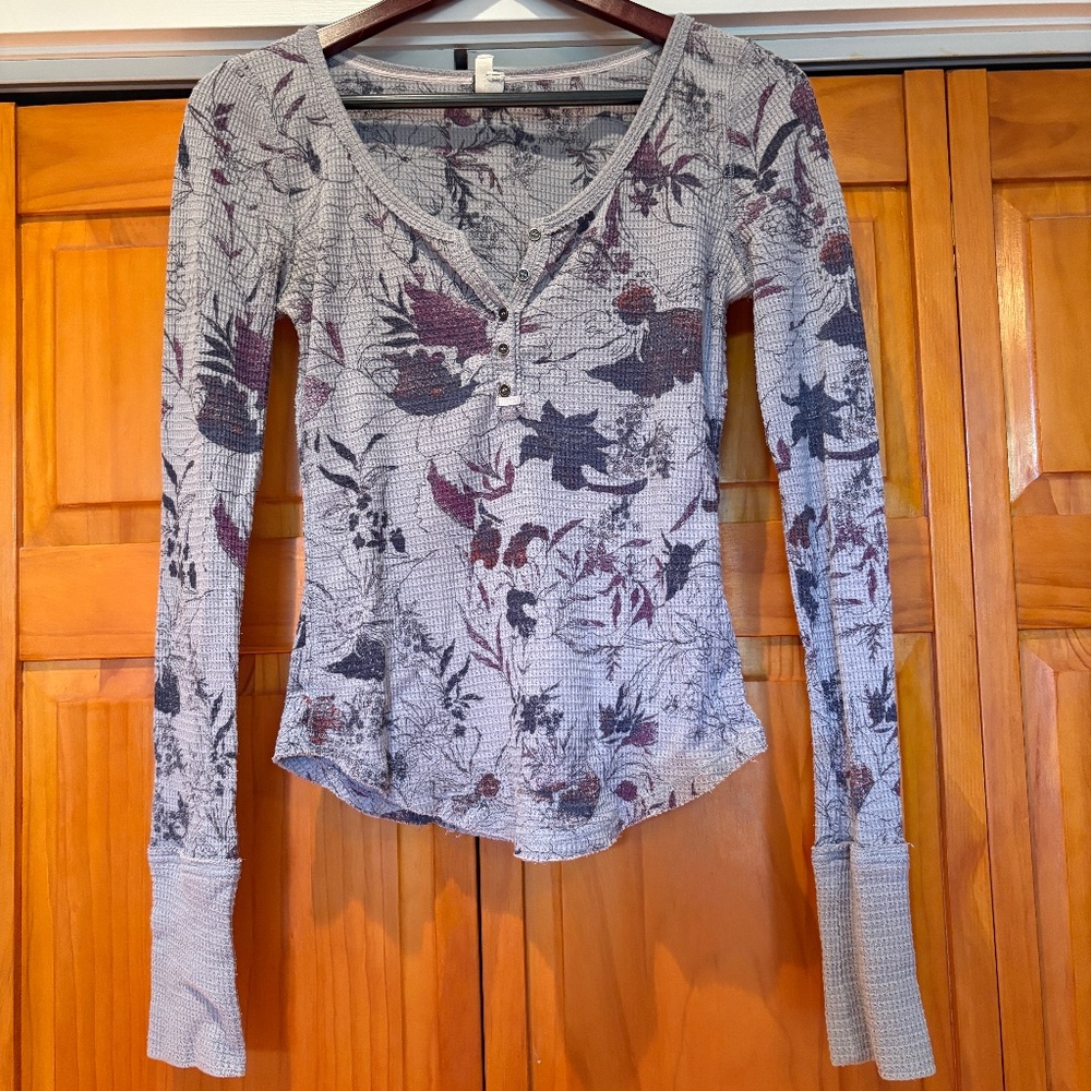 We The Free Waffle Knit Henley Gray with Blue, Size Medium, by Free People